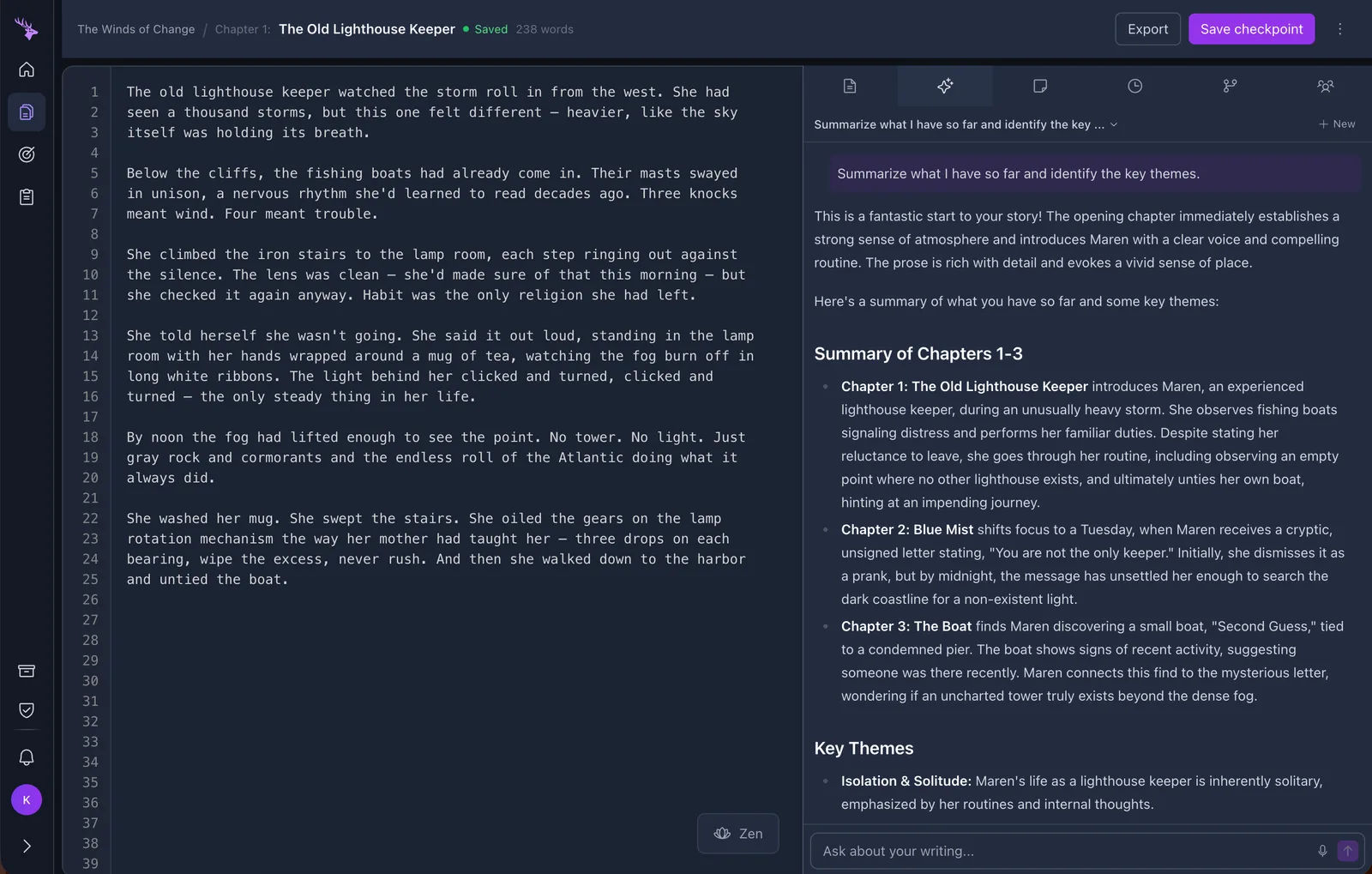 Prongs editor with AI writing assistant analyzing chapters and themes