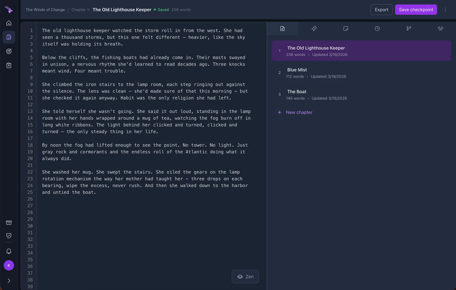 Prongs editor showing chapter organization with word counts and status