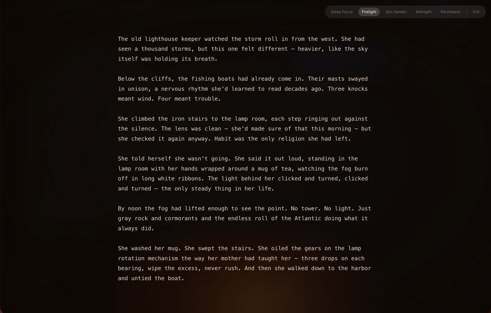 Zen Mode Firelight theme — immersive full-screen writing with warm amber glow